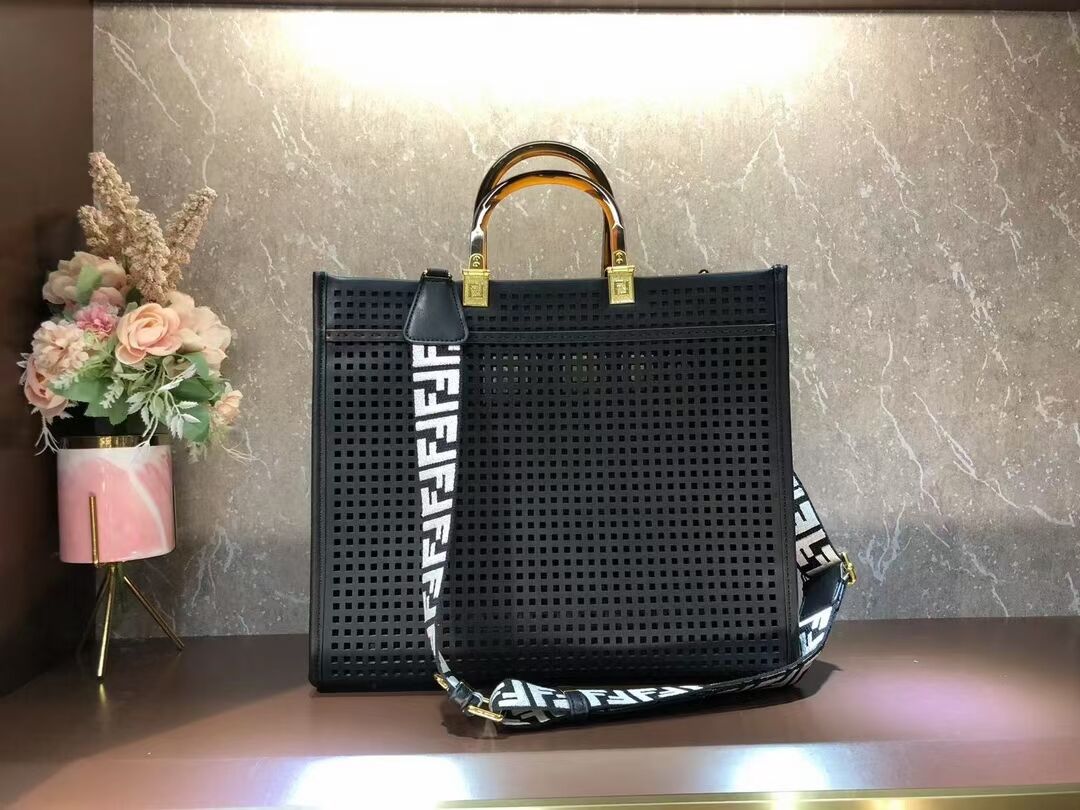 Fendi Sunshine Medium Two-toned perforated leather shopper 8BH386A black