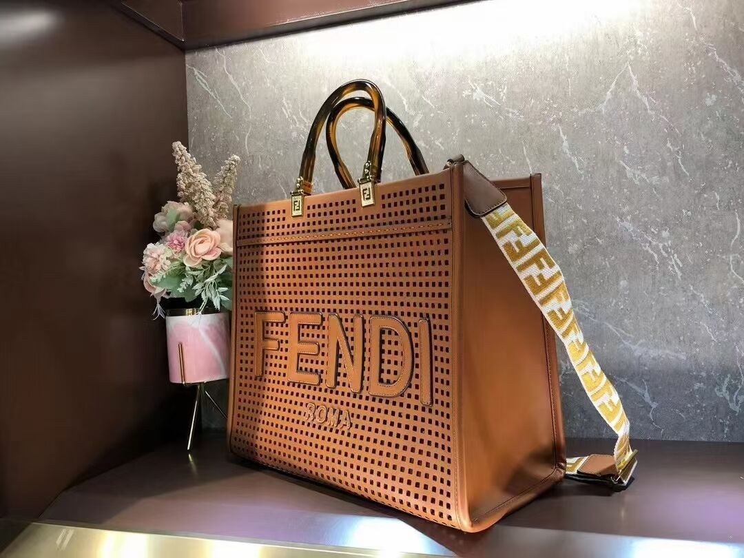 Fendi Sunshine Medium Two-toned perforated leather shopper 8BH386A brown