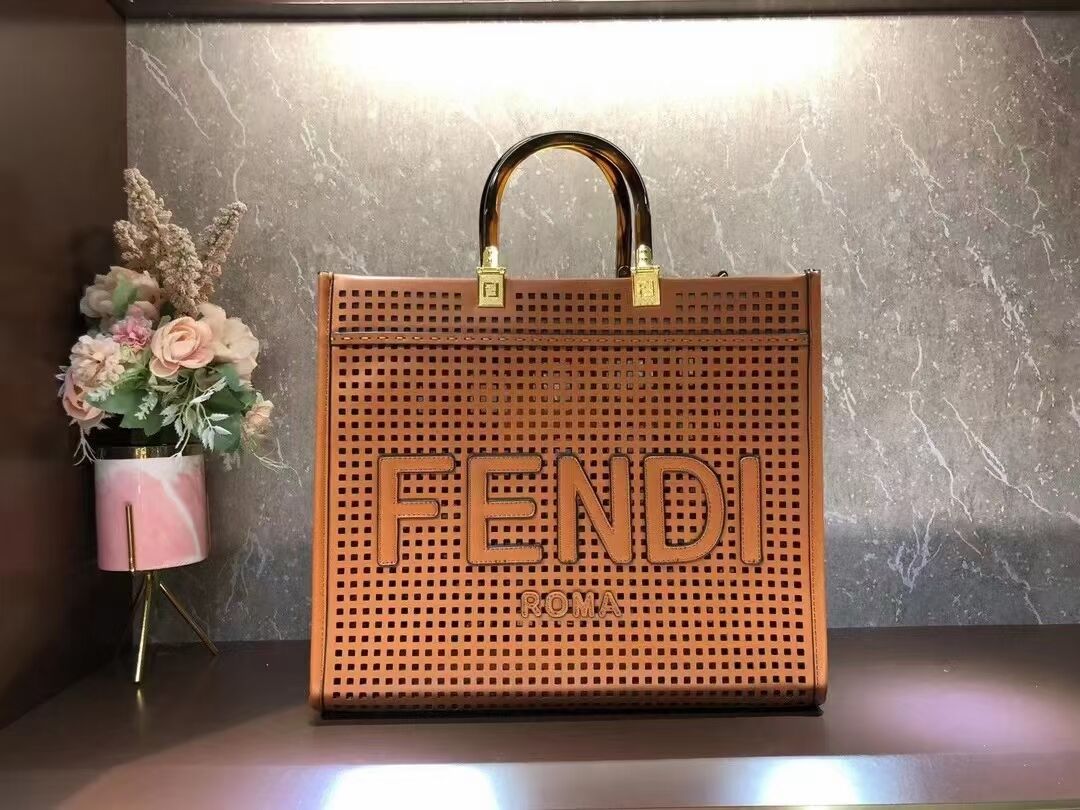 Fendi Sunshine Medium Two-toned perforated leather shopper 8BH386A brown