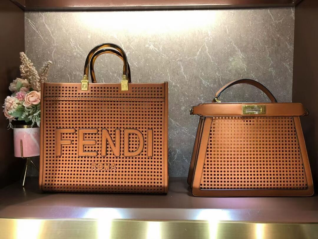 Fendi Sunshine Medium Two-toned perforated leather shopper 8BH386A brown