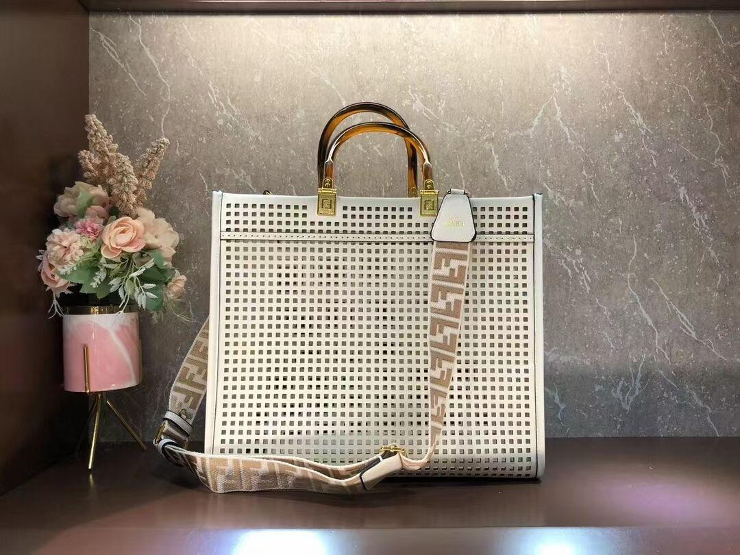 Fendi Sunshine Medium Two-toned perforated leather shopper 8BH386A white