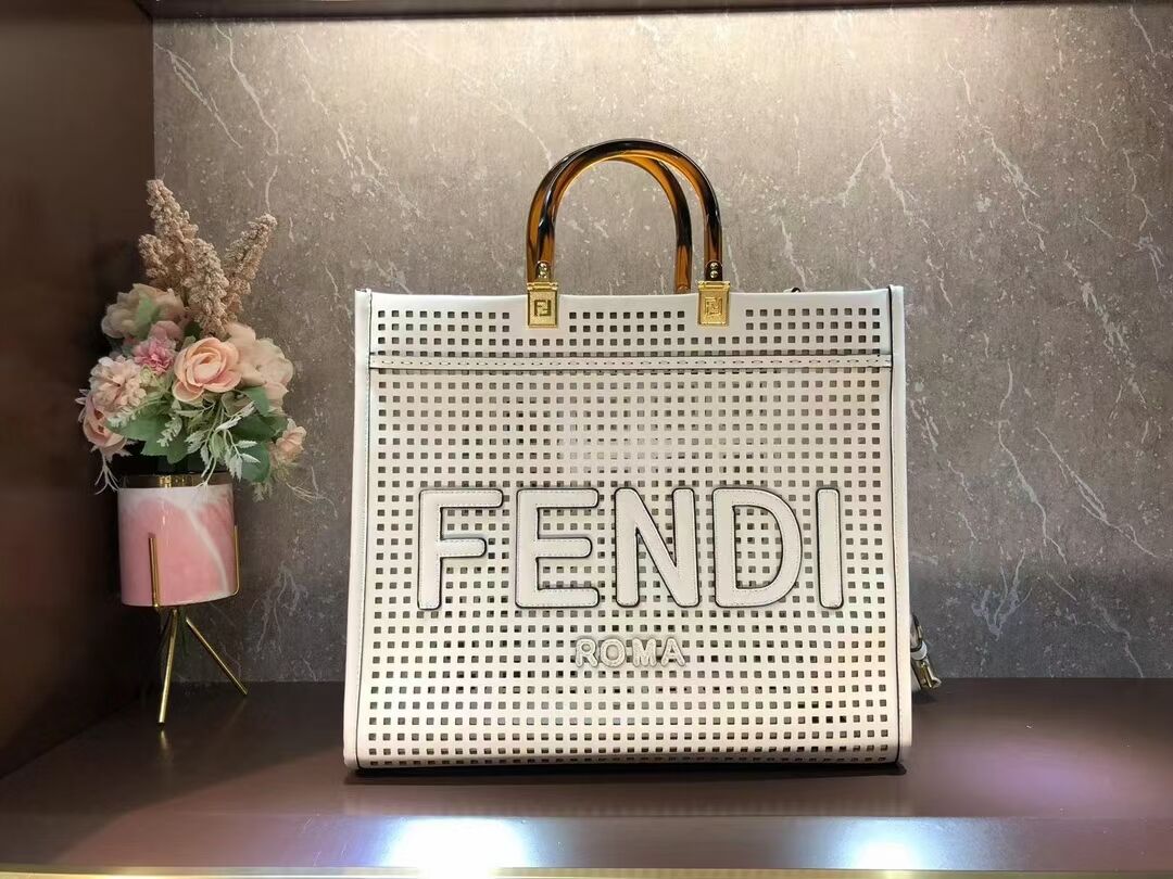 Fendi Sunshine Medium Two-toned perforated leather shopper 8BH386A white
