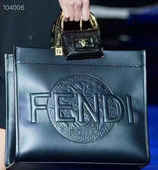 Fendi Sunshine Medium Fendace Printed black leather Logo shopper F0873 black