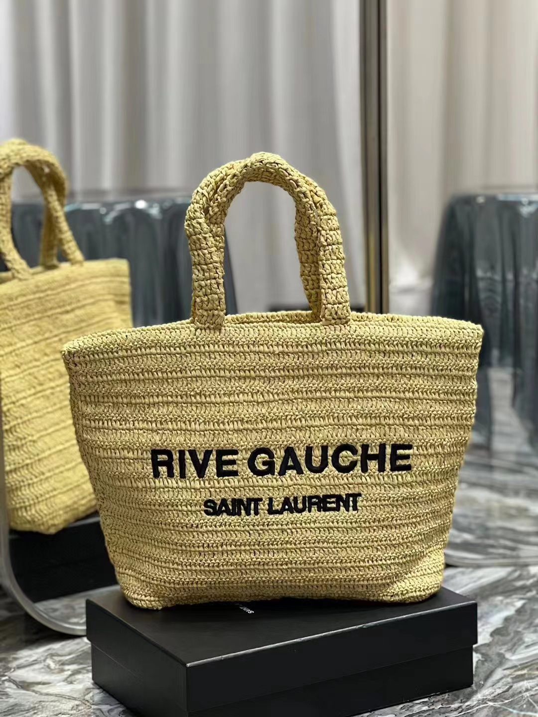 SAINT LAURENT RIVE GAUCHE SUPPLE TOTE BAG IN RAFFIA CROCHET 688864 NATUREL