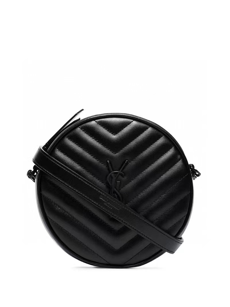 SAINT LAURENT VINYLE ROUND CAMERA BAG IN CHEVRON-QUILTED GRAIN DE POUDRE EMBOSSED LEATHER 6104361 black