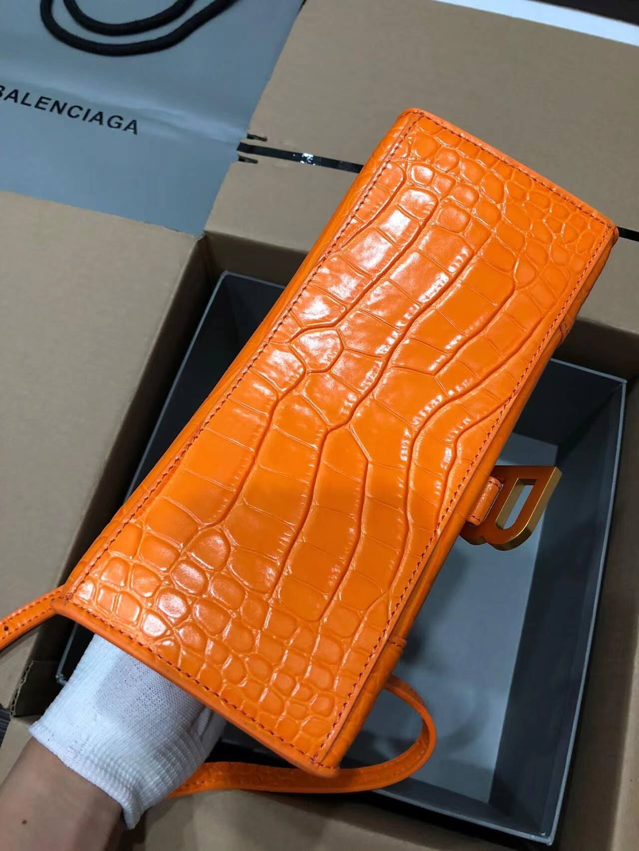 Balenciaga HOURGLASS SMALL TOP HANDLE BAG crocodile embossed calfskin B108895C Orange