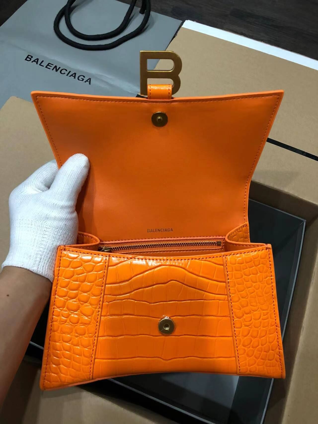 Balenciaga HOURGLASS SMALL TOP HANDLE BAG crocodile embossed calfskin B108895C Orange