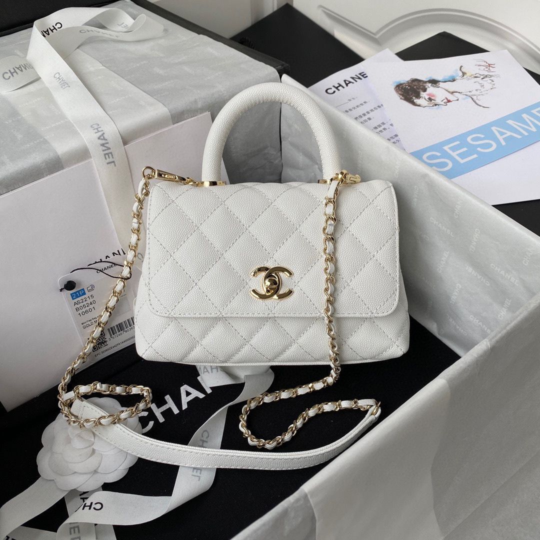 chanel mini flap bag original caviar leather with top handle white AS2215 gold-tone