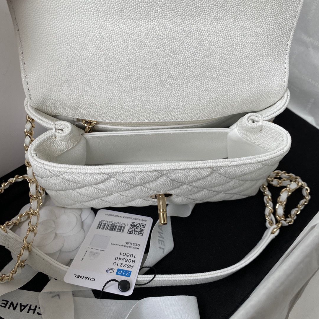 chanel mini flap bag original caviar leather with top handle white AS2215 gold-tone