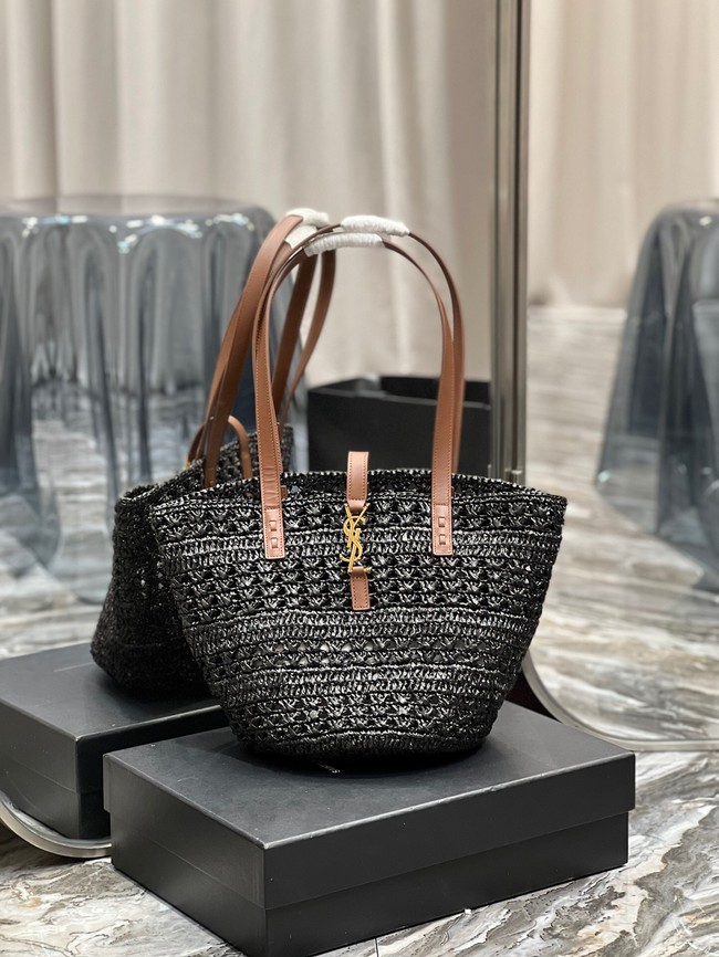 SAINT LAUREN PANIER SMALL BAG IN CROCHET RAFFIA AND SMOOTH LEATHER 685618 black