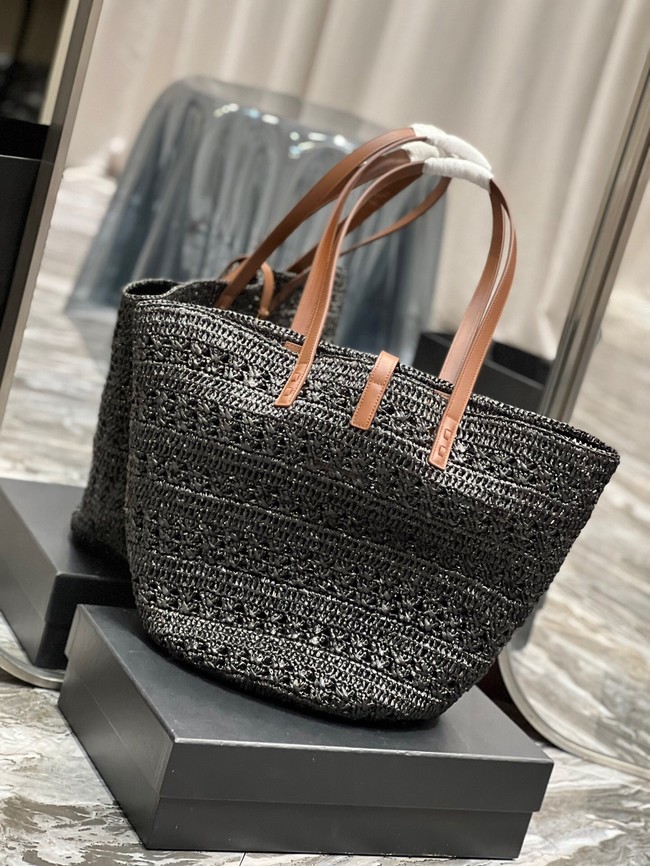 SAINT LAURENT PANIER MEDIUM BAG IN CROCHET RAFFIA AND SMOOTH LEATHER 688221 NOIR