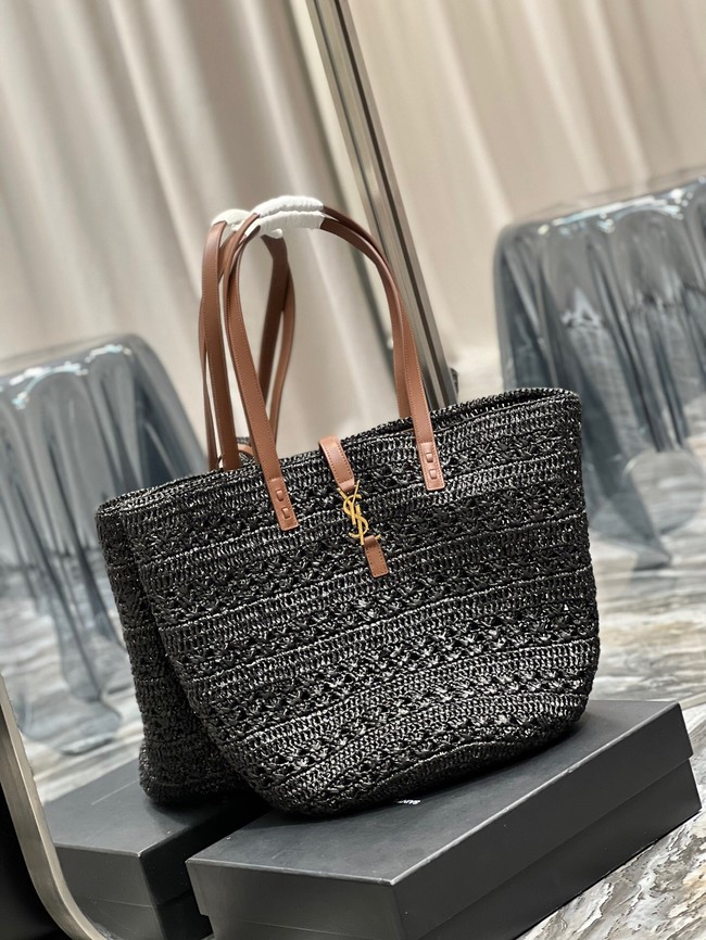 SAINT LAURENT PANIER MEDIUM BAG IN CROCHET RAFFIA AND SMOOTH LEATHER 688221 NOIR