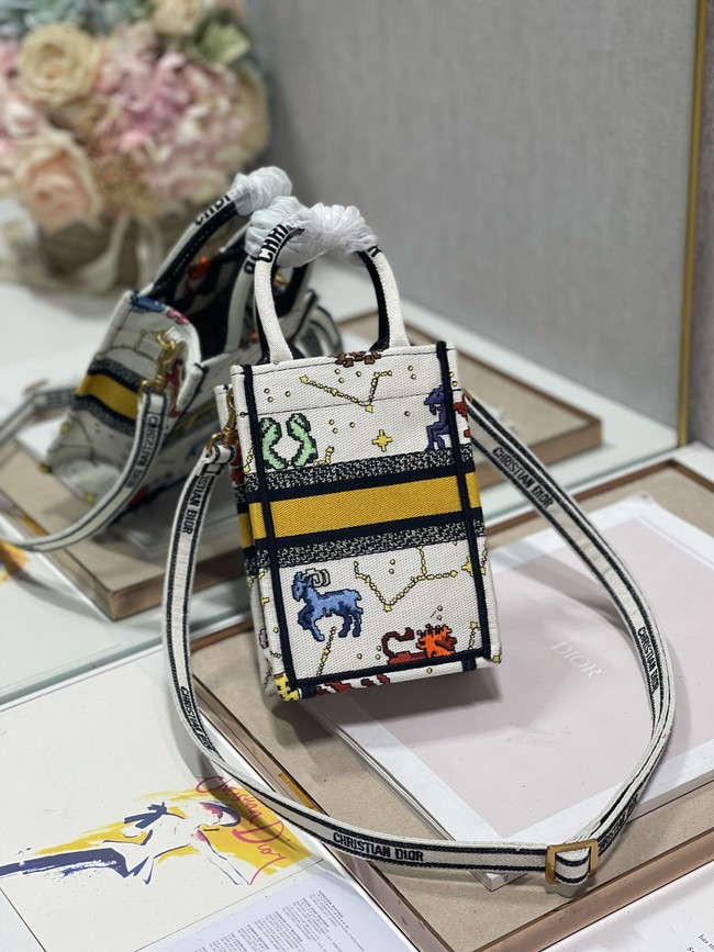 DIOR MINI DIOR BOOK TOTE PHONE BAG Latte Multicolor Dior Pixel Zodiac Embroidery S5555CR