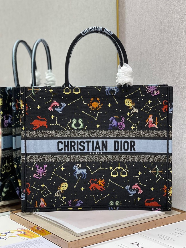 LARGE DIOR BOOK TOTE Black Multicolor Dior Pixel Zodiac Embroidery M1286ZRTY