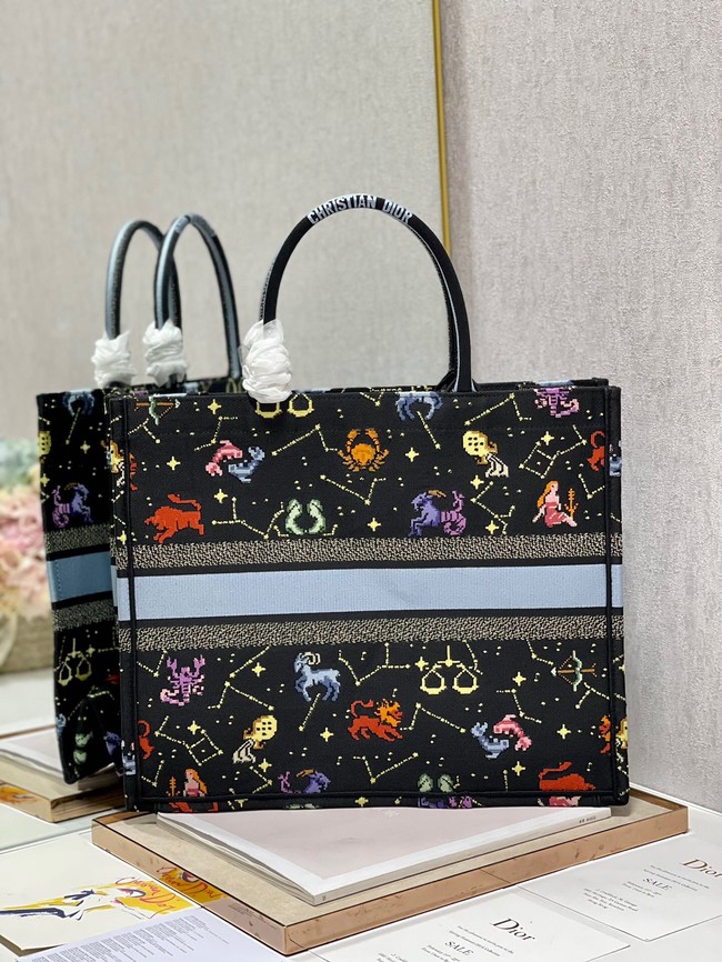 LARGE DIOR BOOK TOTE Black Multicolor Dior Pixel Zodiac Embroidery M1286ZRTY