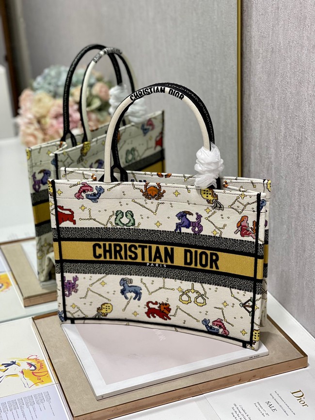 MEDIUM DIOR BOOK TOTE Latte Multicolor Dior Pixel Zodiac Embroidery M1296ZRUV