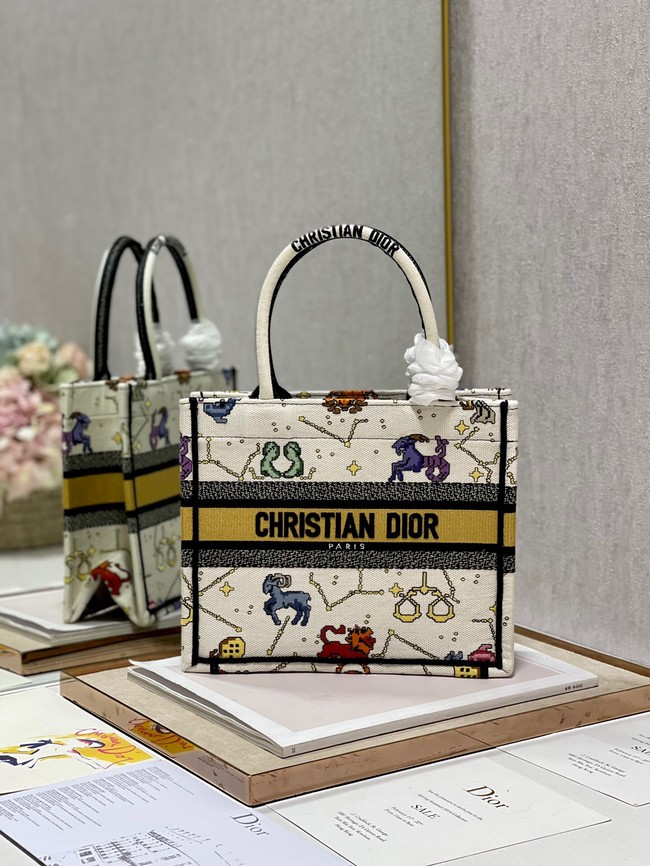 SMALL DIOR BOOK TOTE Latte Multicolor Dior Pixel Zodiac Embroidery M1265ZRTY