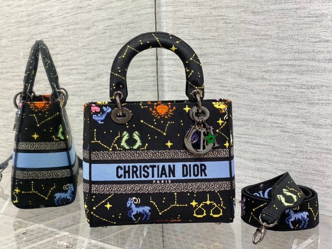 MEDIUM LADY D-LITE BAG Black Multicolor Dior Pixel Zodiac Embroidery M0565BRTY