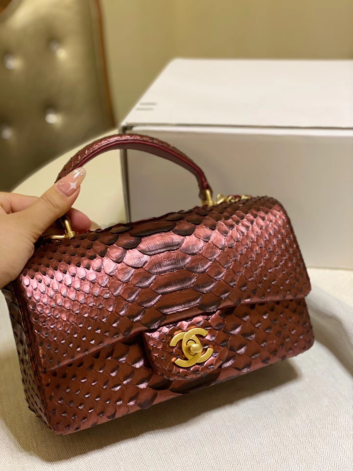 Chanel Snake skin mini flap bag with top handle AS2431 Wine