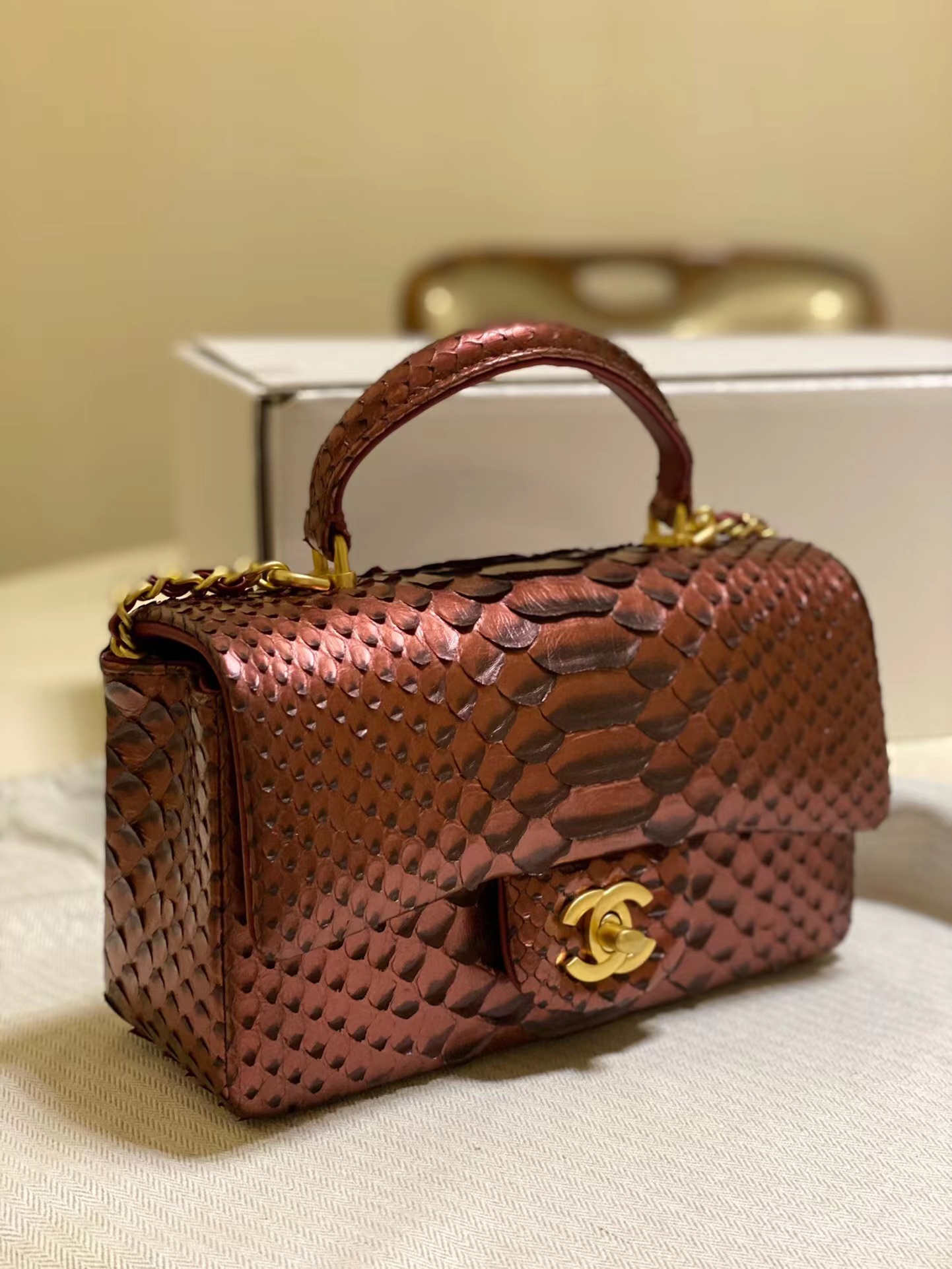Chanel Snake skin mini flap bag with top handle AS2431 Wine