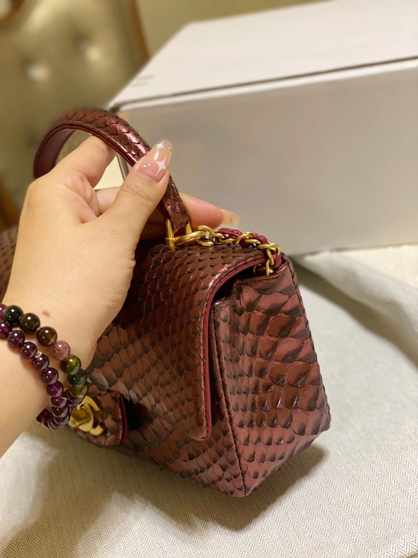 Chanel Snake skin mini flap bag with top handle AS2431 Wine