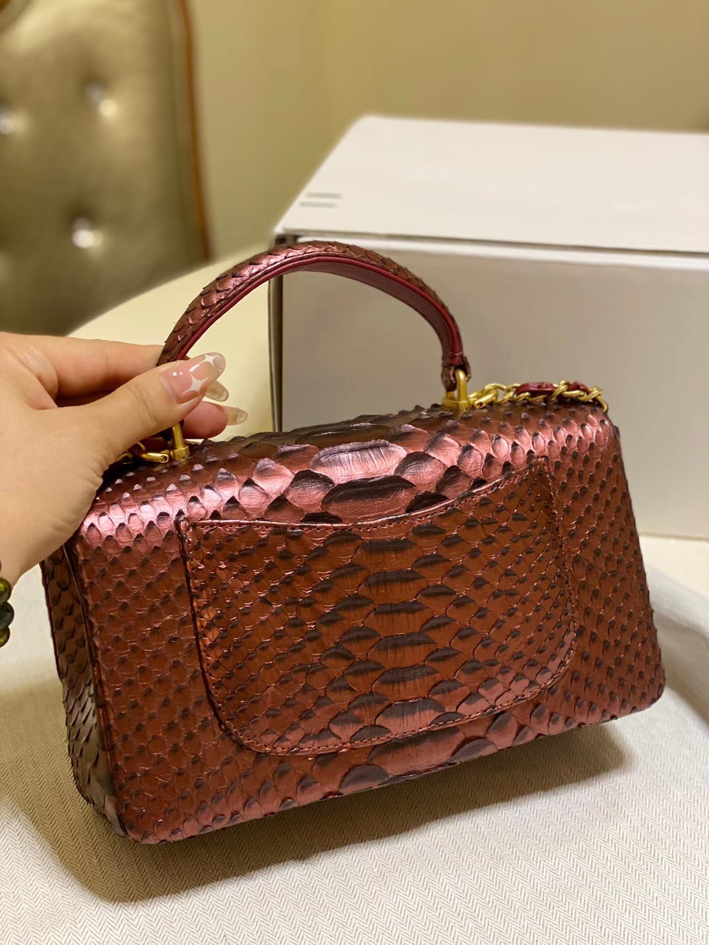 Chanel Snake skin mini flap bag with top handle AS2431 Wine