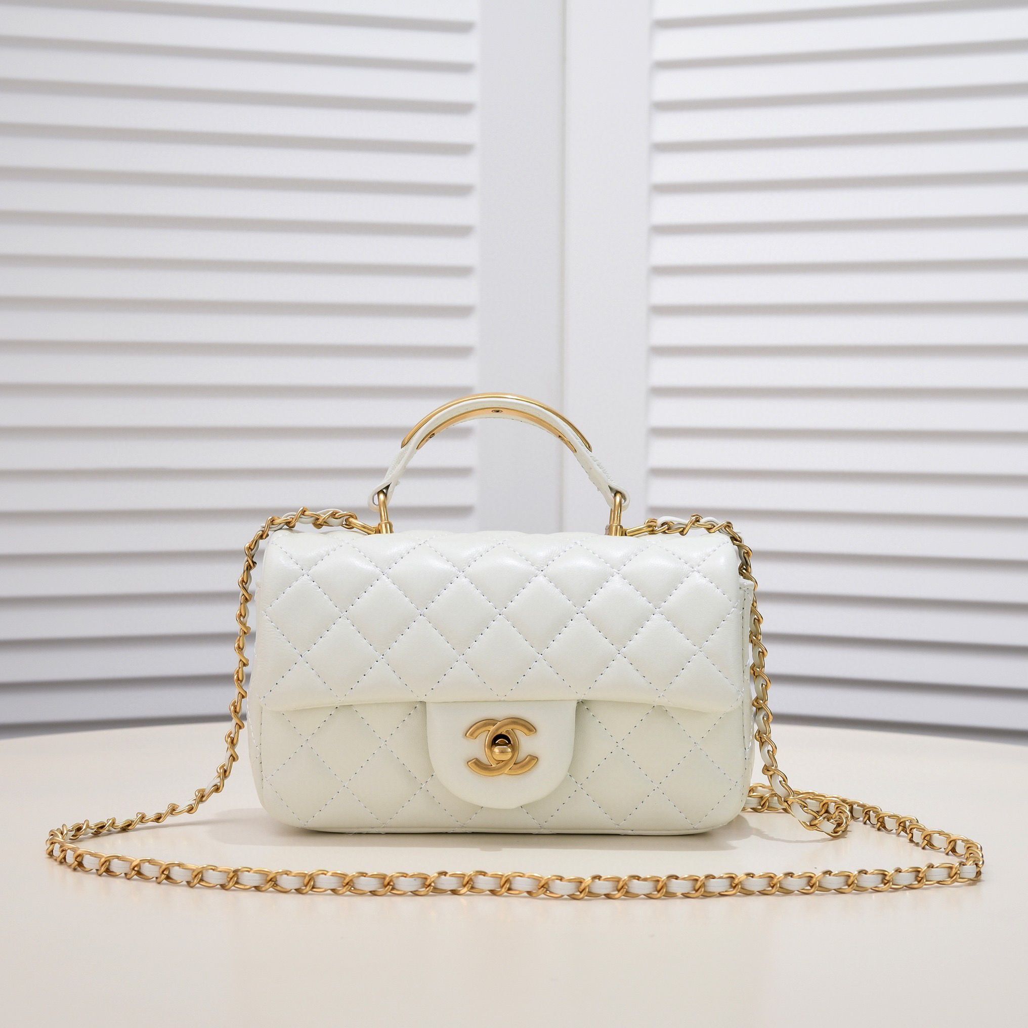 CHANEL 22B mini CF flap bag with Gold hardware top handle AS2431 White