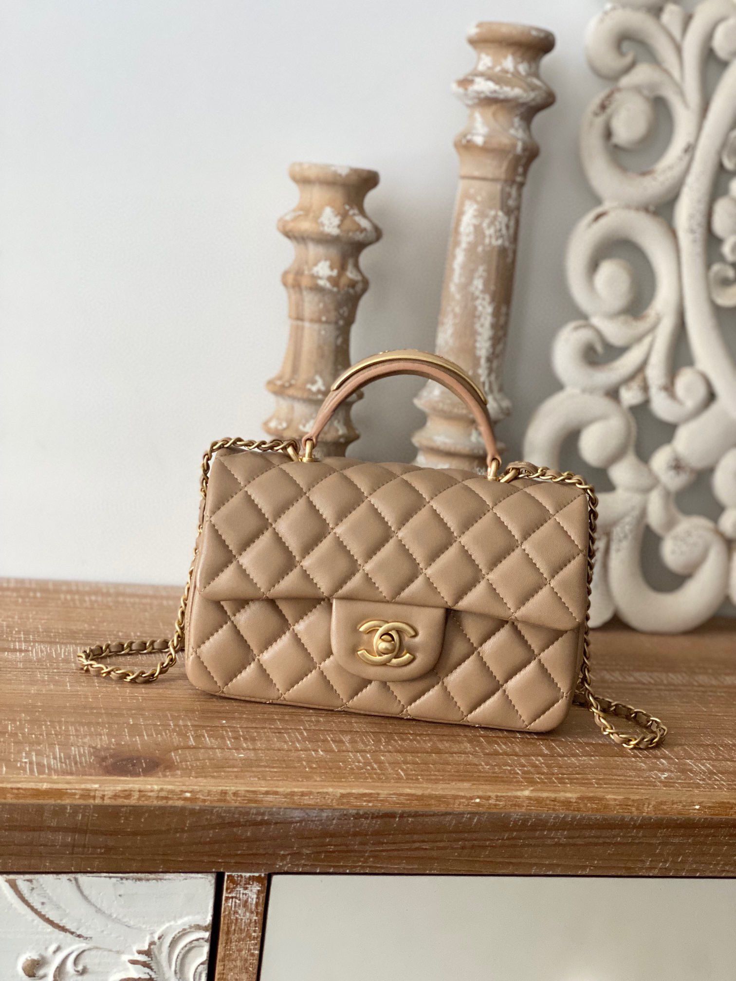 CHANEL 22B mini flap bag with Gold hardware top handle AS2431 Khaki