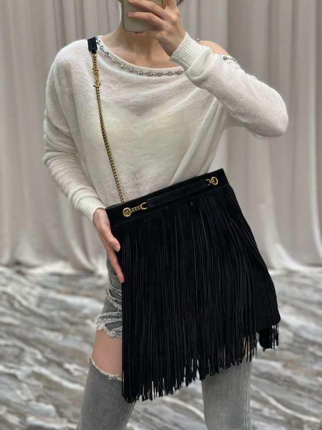 SAINT LAURENT MEDIUM CHAIN BAG IN LIGHT SUEDE WITH FRINGES 633752 BLACK