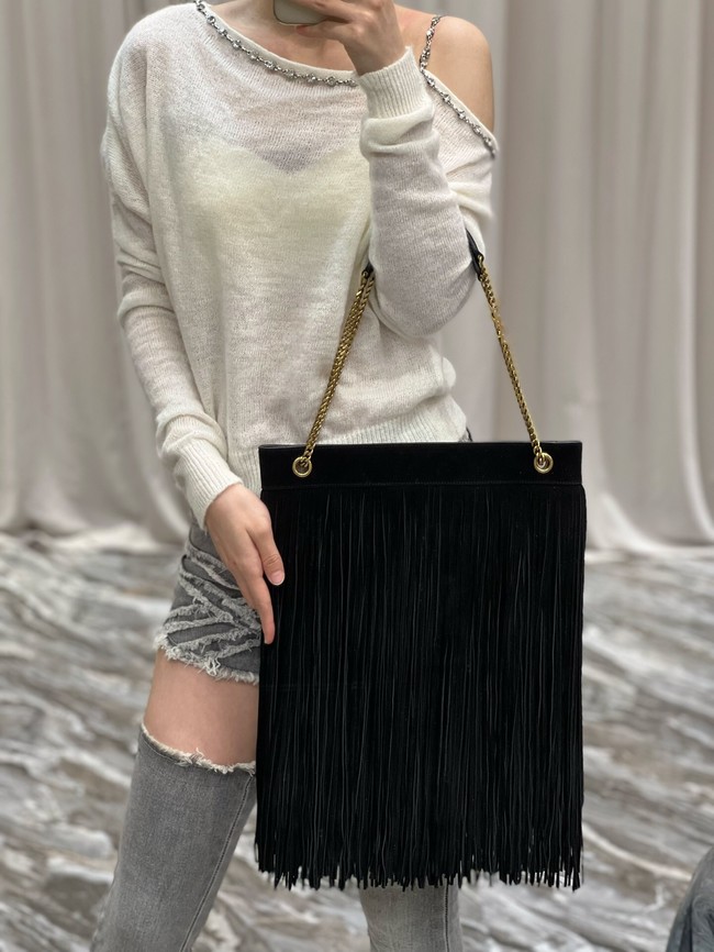 SAINT LAURENT MEDIUM CHAIN BAG IN LIGHT SUEDE WITH FRINGES 633752 BLACK