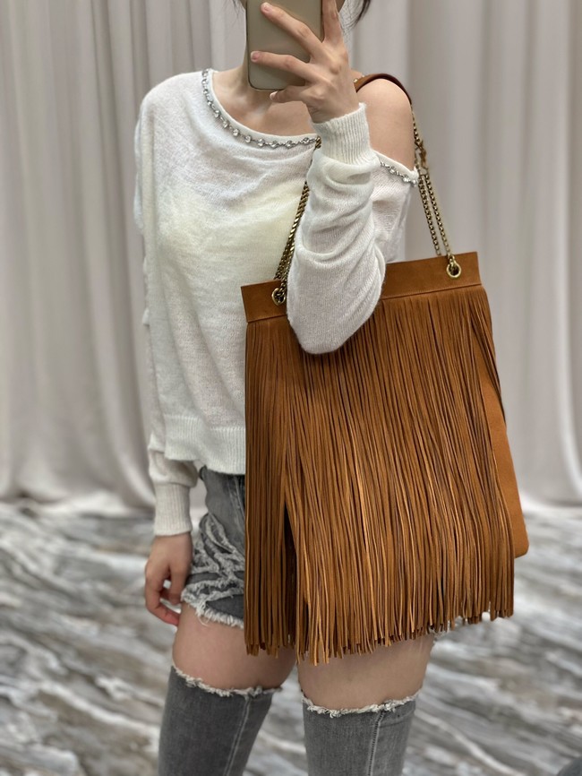 SAINT LAURENT MEDIUM CHAIN BAG IN LIGHT SUEDE WITH FRINGES 633752 Brown