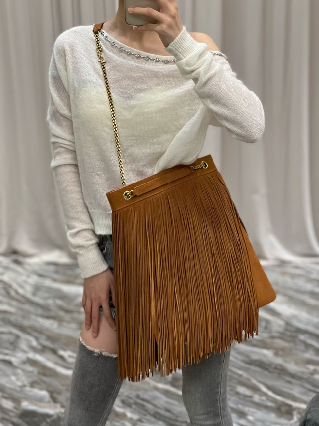 SAINT LAURENT MEDIUM CHAIN BAG IN LIGHT SUEDE WITH FRINGES 633752 Brown