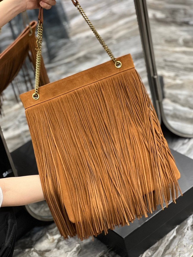 SAINT LAURENT MEDIUM CHAIN BAG IN LIGHT SUEDE WITH FRINGES 633752 Brown