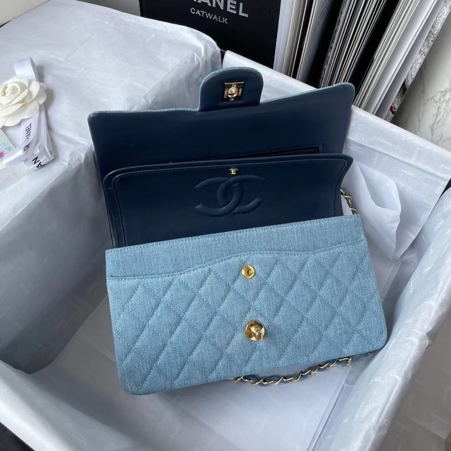 CHANEL CLASSIC HANDBAG Printed Denim & Gold-Tone Metal 1112 Light Blue