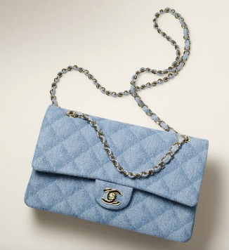 CHANEL CLASSIC HANDBAG Printed Denim & Gold-Tone Metal 1112 Light Blue