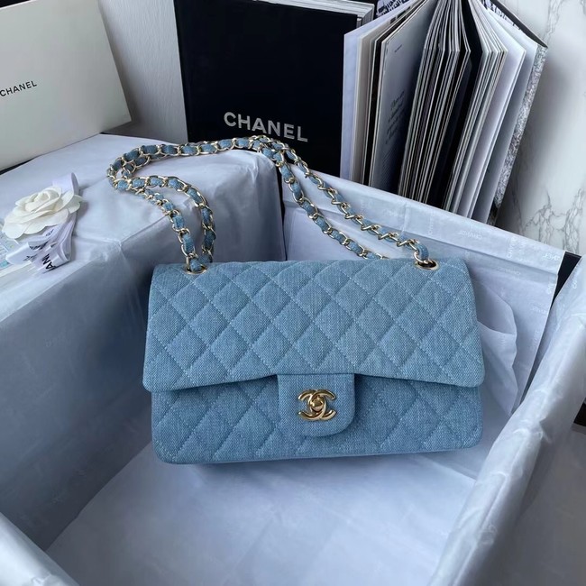 CHANEL CLASSIC HANDBAG Printed Denim & Gold-Tone Metal 1112 Light Blue