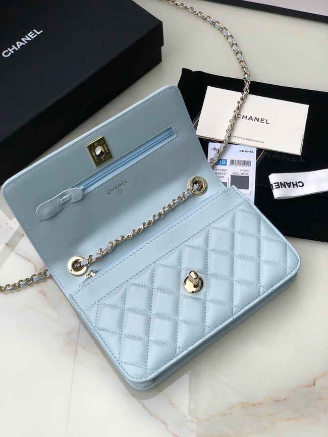 CHANEL WALLET ON CHAIN Lambskin & light Gold-Tone Metal 80892 light blue