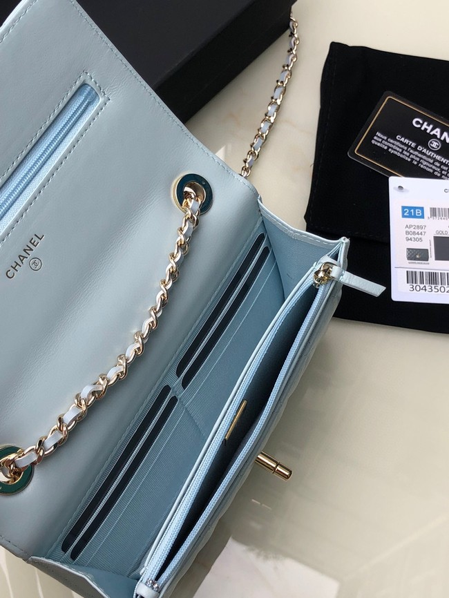 CHANEL WALLET ON CHAIN Lambskin & light Gold-Tone Metal 80892 light blue