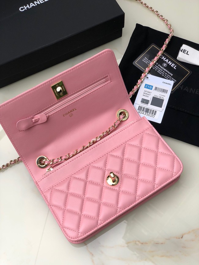 CHANEL WALLET ON CHAIN Lambskin & light Gold-Tone Metal 80892 pink