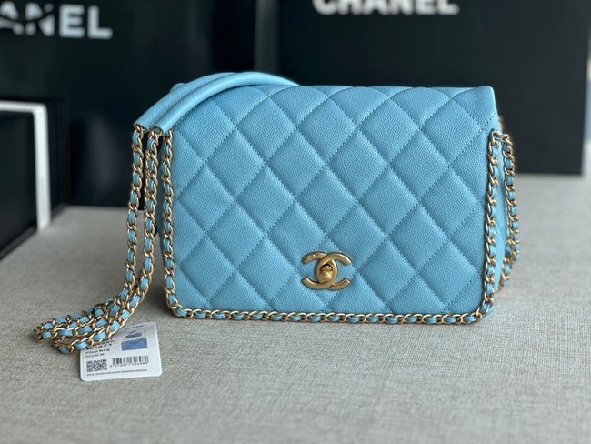 Chanel SMALL Flap Bag Grained Calfskin & Gold-Tone Metal AS3467 light blue