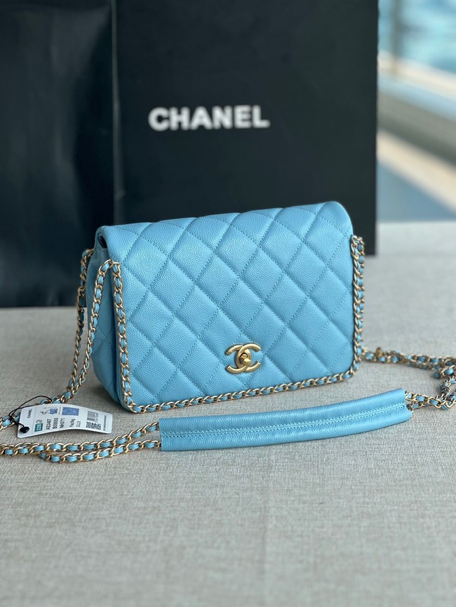 Chanel SMALL Flap Bag Grained Calfskin & Gold-Tone Metal AS3467 light blue