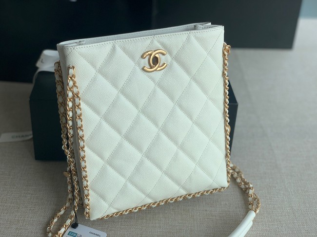 Chanel SMALL SHOPPING BAG Grained Calfskin & Gold-Tone Metal AS3470 white