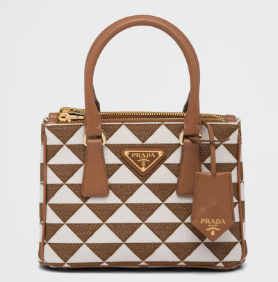 Prada Galleria embroidered jacquard fabric mini bag 1BA906 white&brown