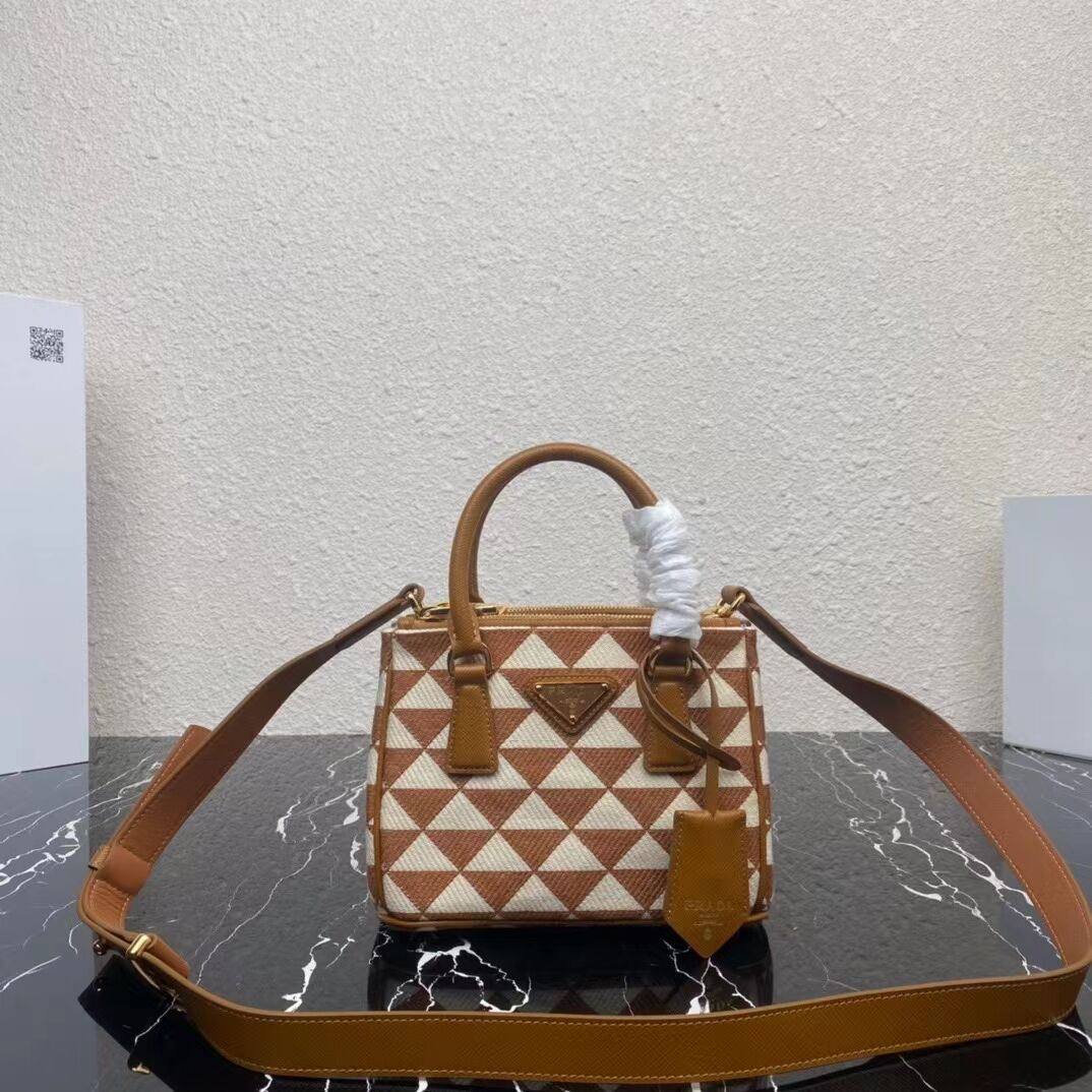 Prada Galleria embroidered jacquard fabric mini bag 1BA906 white&brown