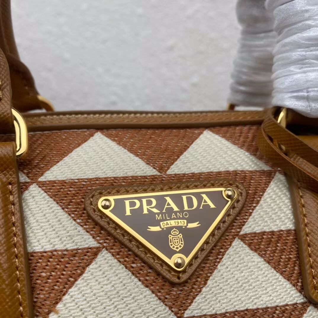 Prada Symbole embroidered jacquard fabric top-handle bag 1BB846 white&brown