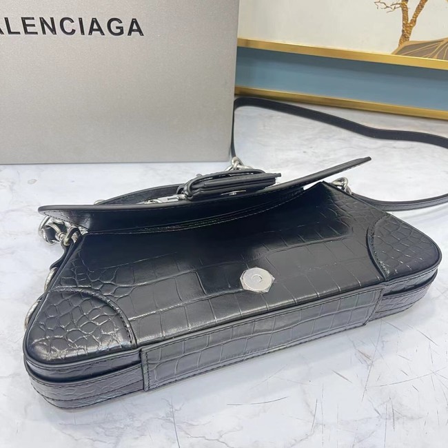 Balenciaga LINDSAY CROCODILE EMBOSSED SHOULDER BAG WITH STRAP 6088 black