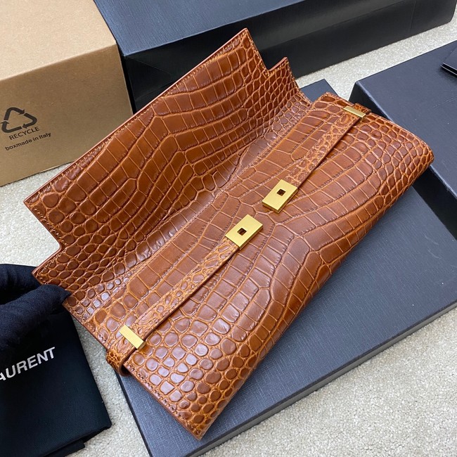 SAINT LAURENT MANHATTAN CLUTCH IN CROCODILE-EMBOSSED LEATHER 695949 DARK CARAMEL