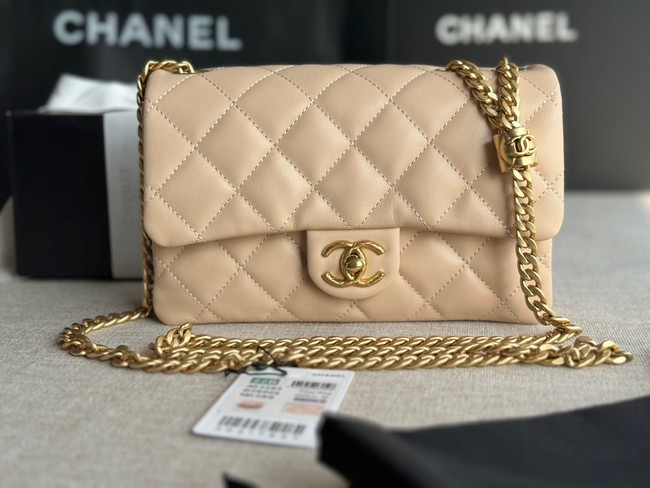 CHANEL SMALL FLAP BAG Lambskin & Gold-Tone Metal AS3393 apricot