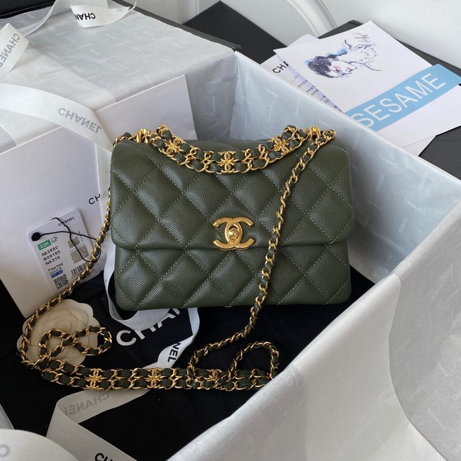 Chanel SMALL FLAP BAG Grained Calfskin & Gold-Tone Metal AS3580 blackish green