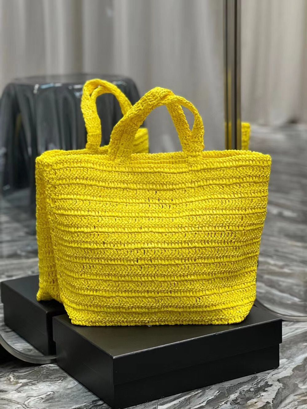 SAINT LAURENT RIVE GAUCHE SUPPLE TOTE BAG IN RAFFIA CROCHET 688864 yellow